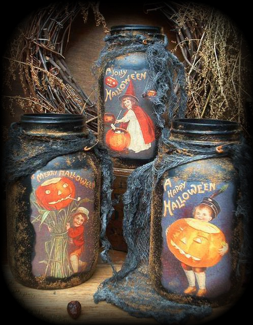 Grungy Halloween Jars Vintage Postcard Image E-Pattern
